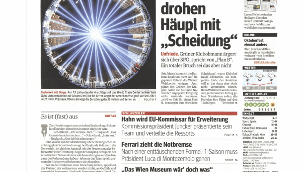 Titelseite des Kurier vom 11. September 2014.