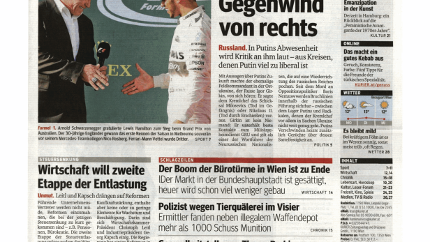 Titelseite des Kurier vom 16. März 2015 mit Schlagzeilen zu Politik, Wirtschaft und Kultur.