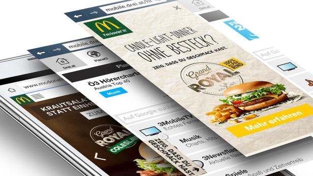 Mehrere geöffnete Webseiten auf einem Smartphone, darunter McDonald's und Drei.