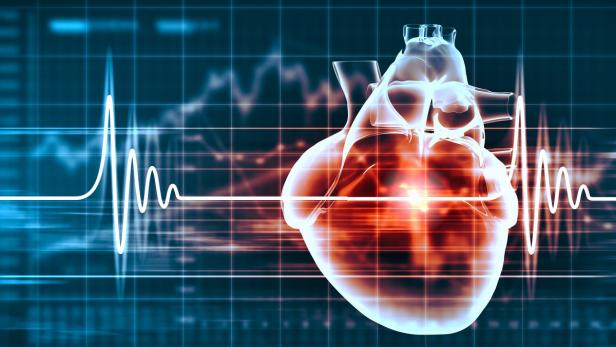 Ein transparentes Herz mit einem EKG im Hintergrund.