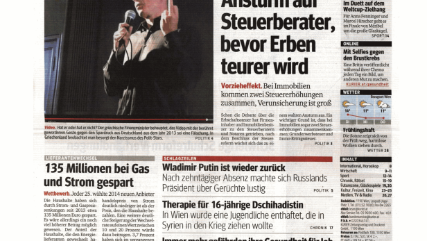 Titelseite der Zeitung „Kurier“ vom 17. März 2015.
