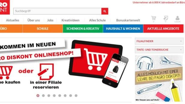 Die Webseite von Pagro Diskont mit Werbung für den Onlineshop und Filialangebote.