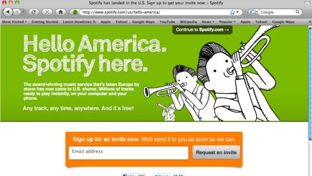 Die Spotify-Website wirbt mit Musik und Trompeten für den Start in den USA.