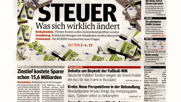 Titelseite des Kurier vom 18. März 2015 mit dem Titelthema „Steueränderungen“ und Euromünzen.