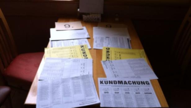 Auf einem Tisch liegen Wahlzettel und Kundmachungen für eine Wahl.