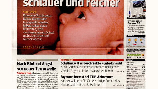 Schlagzeile vom 19.03.2015Stillen macht schlauer und reicherKurier