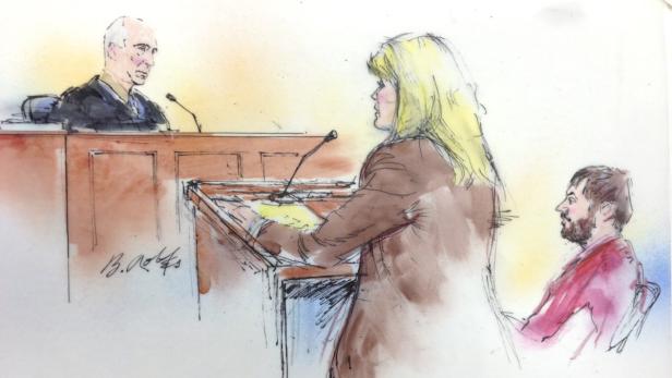 Chief Deputy District Attorney Karen Pearson is pictured in a courtroom sketch as Colorado shooting suspect James Holmes (R) looks on during a preliminary hearing in Centennial, Colorado January 9, 2013. Prosecutors wrapped up their pretrial case on Wednesday against the man charged with killing 12 people in last summer&#039;s Colorado movie theater massacre by showing photos he took of himself before the shooting, posed with guns and body armor. REUTERS/Bill Robles (UNITED STATES - Tags: CRIME LAW)