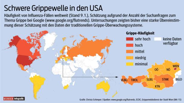 Eine Weltkarte, die die Häufigkeit von Grippefällen nach Ländern zeigt, mit einer Detailansicht von Österreich.