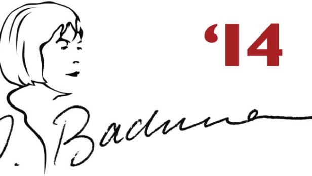 Eine stilisierte Zeichnung von Ingeborg Bachmann mit ihrer Unterschrift und der Jahreszahl '14.