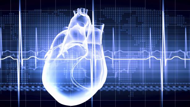 Ein stilisiertes Herz vor einem Hintergrund mit EKG-Linien und Weltkarte.