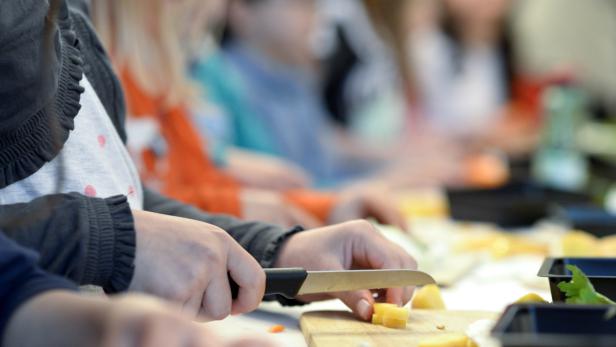 Kinder beim Zubereiten von Salaten, Wraps und Smoothies, &quot;Jamie Olivers Food Revolution Day 2014&quot; in Wien