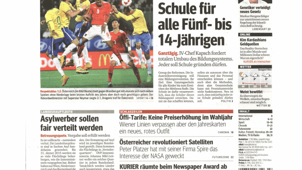 Titelseite des „Kurier“ vom 19. November 2014 mit Artikeln zu verschiedenen Themen.