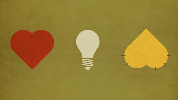 Ein rotes Herz, eine weiße Glühbirne und ein gelbes Herz sind auf einem olivgrünen Hintergrund abgebildet.