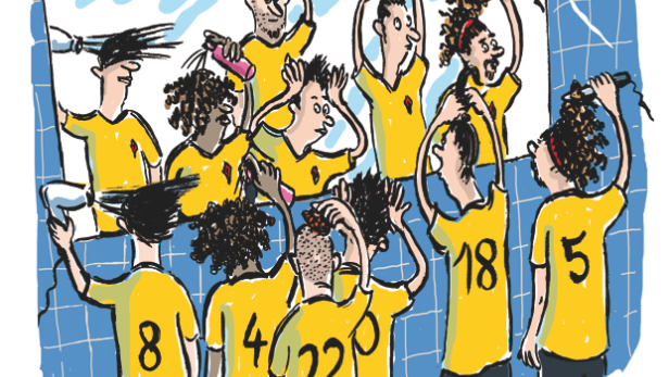 Karikatur: Fußballspieler stylen sich in der Halbzeitpause vor dem Spiegel.