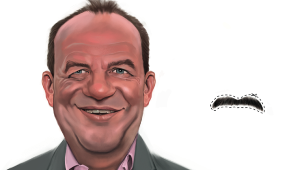 Eine Karikatur eines Mannes mit einem ausgeschnittenen Schnurrbart daneben.
