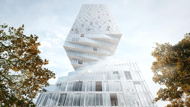 Turm mit Taille (BAI Bauträger Austria Immobilien GmbH): Die Gasometer in Erdberg bekommen Verstärkung – in Form einer 110 Meter hohen „Sanduhr“ nach einem Entwurf des renommierten Rotterdamer Architekturbüros MVRDV.