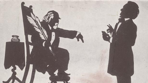 Der Künstler und sein Wiener Kritiker: Eduard Hanslick (links) weist Wagner zurecht. Schattenbild aus der Schau &quot;Richard Wagner und die Wiener&quot; in der Nationalbibliothek.