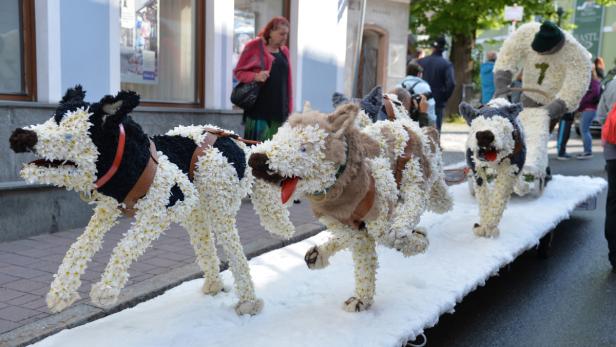 Blumengeschmückte Hundefiguren ziehen einen Schlitten mit einer Figur in Menschengestalt.
