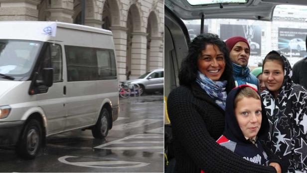 Eine Gruppe von Menschen steht vor einem weißen Lieferwagen.