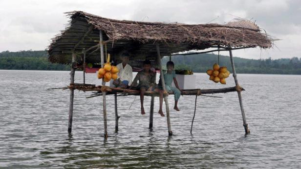 Drei Kinder sitzen auf einer kleinen Hütte auf Stelzen im Wasser, an der Kokosnüsse hängen.