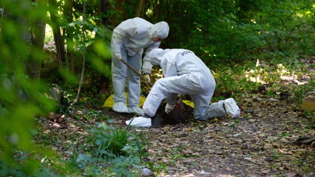 Zwei Personen in Schutzanzügen graben im Wald mit einem Spaten im Boden.