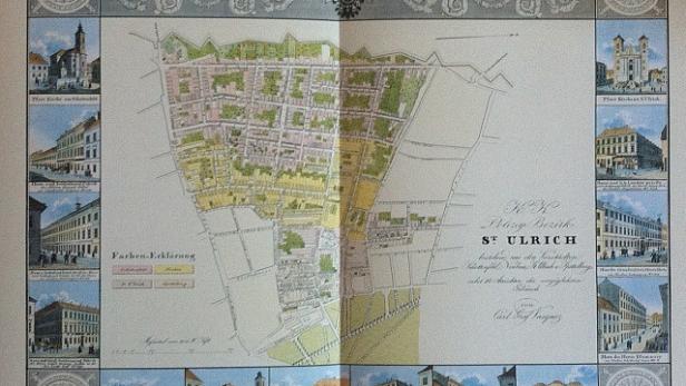 Eine historische Karte des Bezirks St. Ulrich in Wien, umgeben von Illustrationen von Gebäuden.