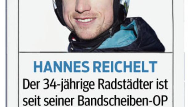 Porträt des Skirennläufers Hannes Reichelt auf einer Spielkarte.