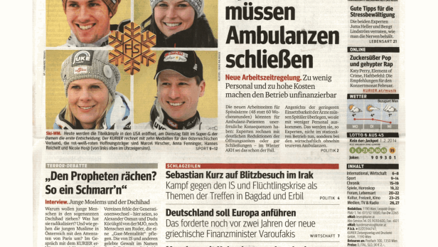 Titelseite des Kurier vom 2. Februar 2015 mit Nachrichten zu Sport, Politik und Wirtschaft.