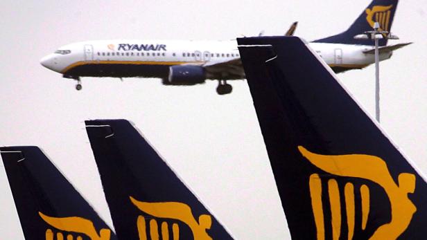Ein Ryanair-Flugzeug landet im Hintergrund, während im Vordergrund Flugzeugleitwerke zu sehen sind.