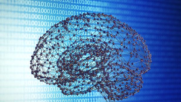 Ein Drahtmodell eines Gehirns vor einem Hintergrund aus Binärcode.