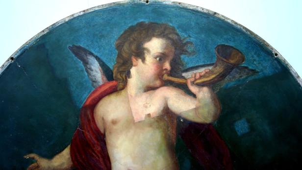 &quot;Trompetenblasender Putto&quot;, Gemälde, angeblich von Gustav Klimt (Eher: Ernst Klimt/Franz matsch)