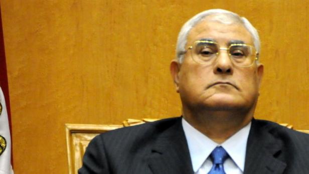 Adly Mansour, der ehemalige Präsident Ägyptens, posiert vor einer ägyptischen Flagge.