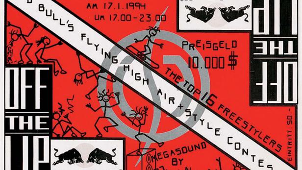 Werbeplakat für Red Bull's Flying High Air + Style Contest am Bergisel, 1994.