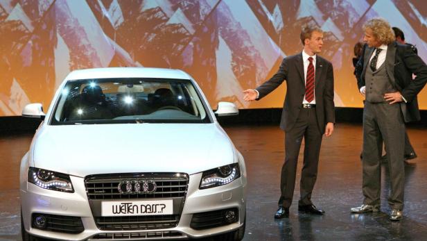 epa01370880 (FILE) A file picture dated 10 November 2007 shows German TV host Thomas Gottschalk (R) and DTM race series driver Mattias Ekstroem talking about an Audi A4 during his show &#039;Bet, that..?&#039; (Wetten, dass..?) in Leipzig, Germany. Austrian public broadcaster ORF has to pay for Gottschalk violating Austrian media law in the show of November 2007. Austrian Federal Communications Board (BKS) has decided that Gottschalk prohibitedly advertised for German car producer Audi. Despite the fact a car was offered for a charity, Gottschalk saying &#039;... Be in it and win! Maybe this gorgeous new A4 3.2 Quattro, the sportive medium-class sedan...&#039; has clearly violated Austrian TV advertisement laws. EPA/MARTIN SCHUTT