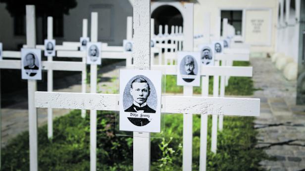 Weiße Kreuze erinnern im Garten des Palais Porcia an die Gefallenen des Weltkrieges. Historiker sprechen von 18 Millionen Toten. Die Bürokratie der k. u. k. Armee kam mit den Aufzeichnungen nicht mehr nach.