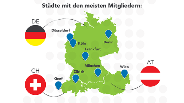 Eine Karte von Deutschland, Österreich und der Schweiz mit den größten Städten und ihren jeweiligen Landesflaggen.