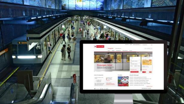 Eine U-Bahnstation mit wartenden Menschen und einem Zug der Linie U2 nach Simmering.