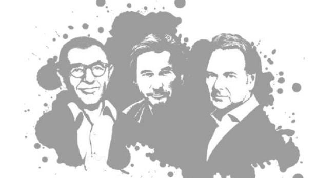 Eine stilisierte Darstellung von drei Männern vor einem grauen Hintergrund mit Farbspritzern.
