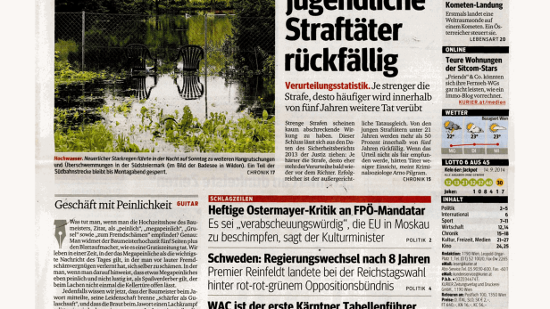 Titelseite der Zeitung „Kurier“ vom 15. September 2014 mit verschiedenen Nachrichten und Schlagzeilen.