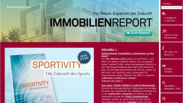 Die Webseite des Zukunftsinstituts mit Hinweisen auf den Immobilienreport und die Studie „Sportivity“.