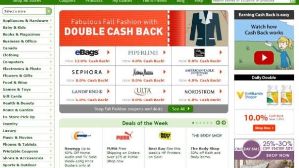 Die Ebates-Website wirbt mit Double Cash Back für Herbstmode.