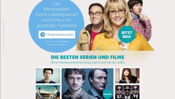 Die Webseite von Maxdome wirbt mit einem Monatsangebot für Serien und Filme, mit Schauspielern aus „The Big Bang Theory“.