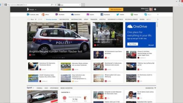 Ein Screenshot der MSN-Webseite mit Nachrichten und einer österreichischen Polizeiauto-Schlagzeile.