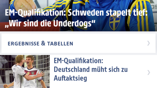 Ein Screenshot der ORF Sport-App mit einem Artikel über Schweden in der EM-Qualifikation.