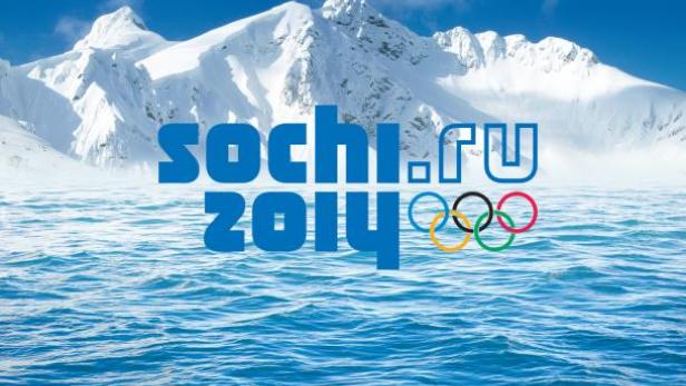Das Logo der Olympischen Winterspiele 2014 in Sotschi vor einer Bergkulisse.