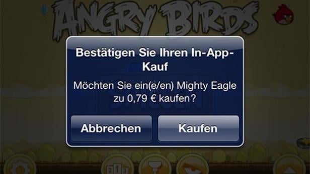 Ein In-App-Kauf-Dialog für „Angry Birds“ fragt, ob man einen „Mighty Eagle“ für 0,79 € kaufen möchte.