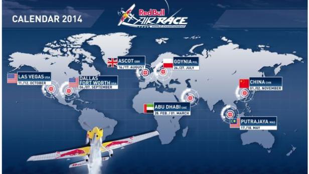 Eine Weltkarte mit den Austragungsorten der Red Bull Air Race World Championship 2014.