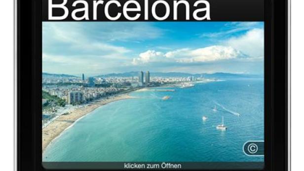 Ein iPhone zeigt eine App für einen Reiseführer für Barcelona.