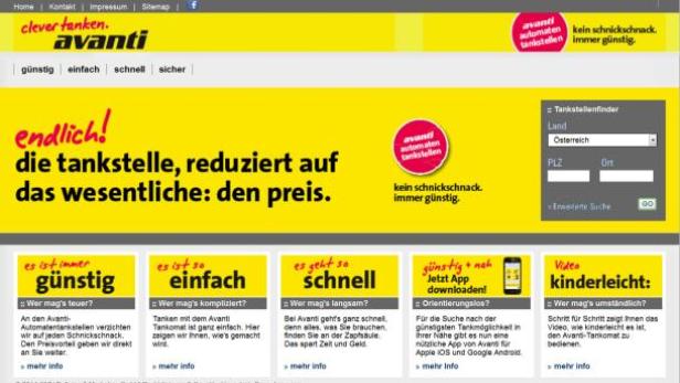 Die Webseite von Avanti, einer Tankstellenkette, die sich auf günstige Preise konzentriert.