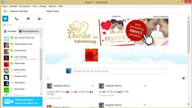 Ein Screenshot von Skype mit einer Valentinstagsanzeige.